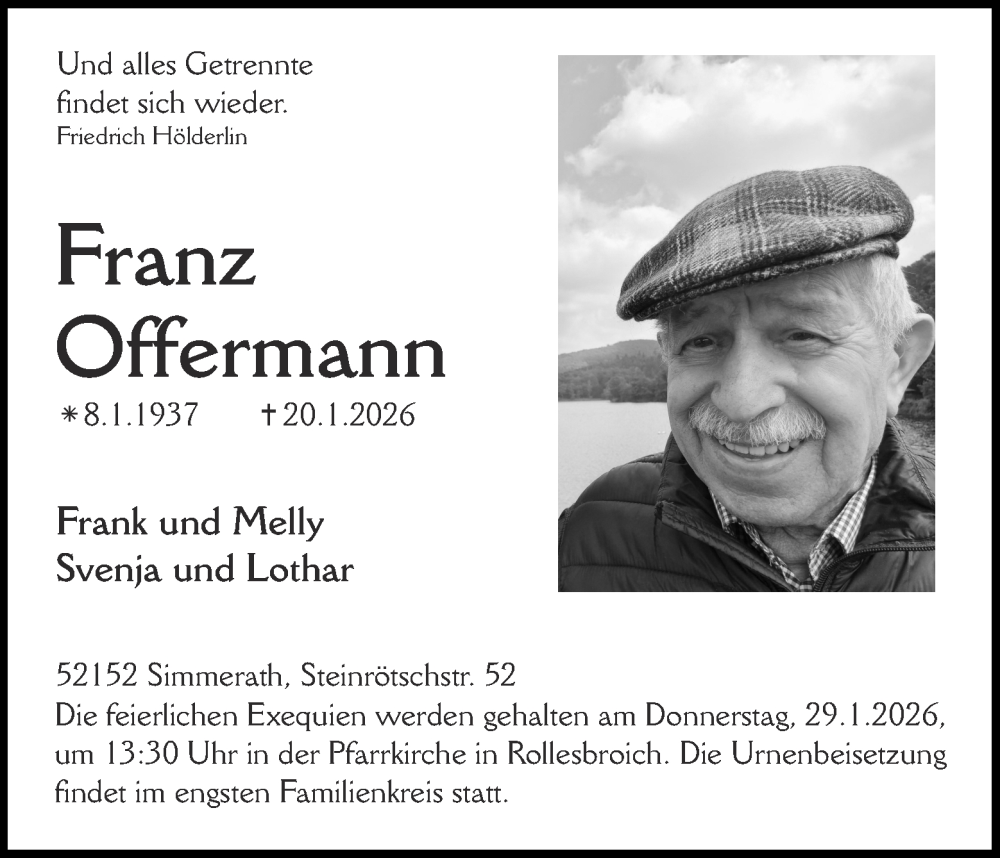  Traueranzeige für Franz Offermann vom 24.01.2026 aus Aachener Zeitung