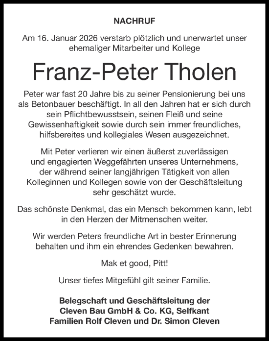 Traueranzeige von Franz-Peter Tholen von Zeitung am Sonntag