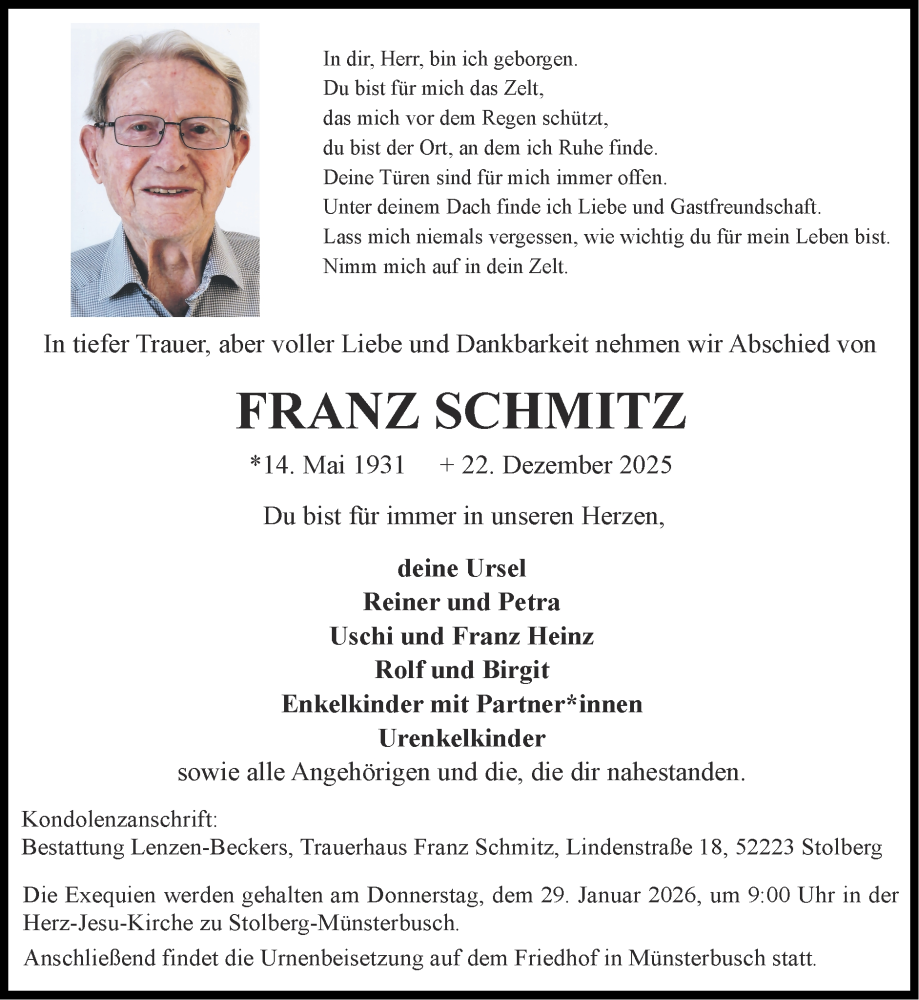  Traueranzeige für Franz Schmitz vom 25.01.2026 aus Zeitung am Sonntag