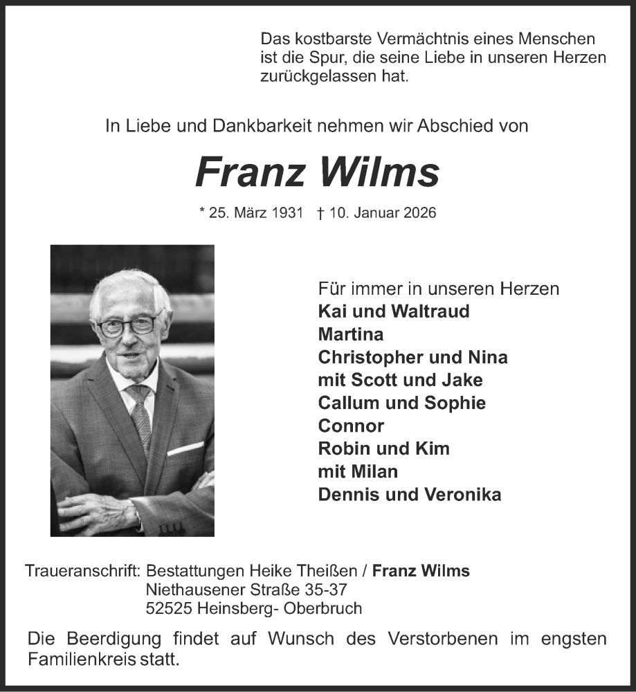  Traueranzeige für Franz Wilms vom 18.01.2026 aus Zeitung am Sonntag