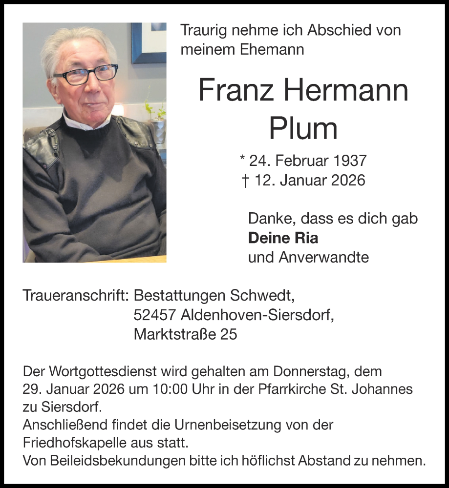  Traueranzeige für Franz Hermann Plum vom 25.01.2026 aus Zeitung am Sonntag