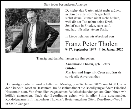 Traueranzeige von Franz Peter Tholen von Zeitung am Sonntag