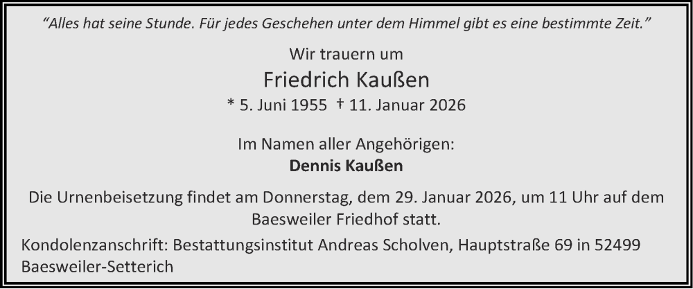  Traueranzeige für Friedrich Kaußen vom 25.01.2026 aus Zeitung am Sonntag