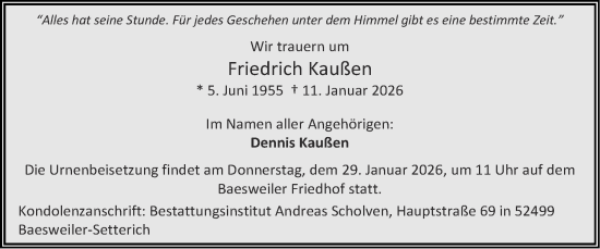 Traueranzeige von Friedrich Kaußen von Zeitung am Sonntag