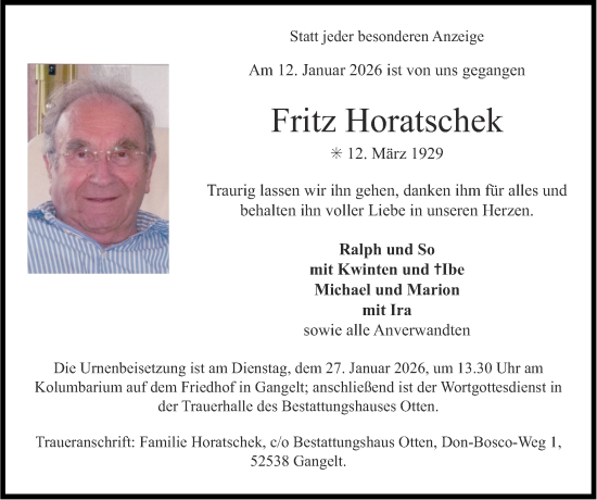 Traueranzeige von Fritz Horatschek von Zeitung am Sonntag