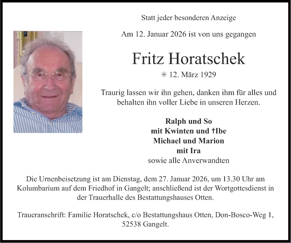  Traueranzeige für Fritz Horatschek vom 25.01.2026 aus Zeitung am Sonntag