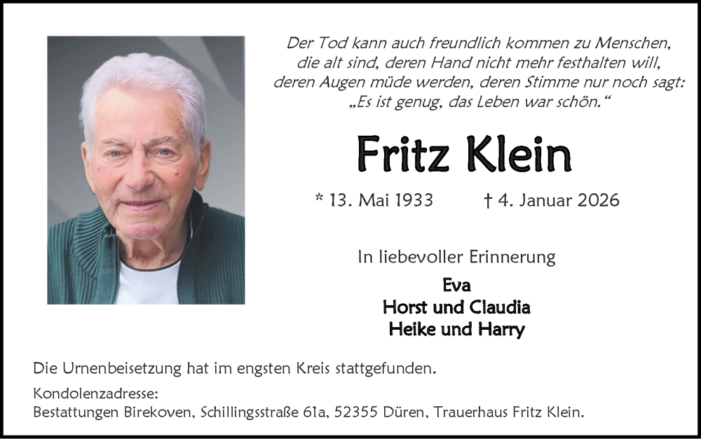  Traueranzeige für Fritz Klein vom 25.01.2026 aus Zeitung am Sonntag