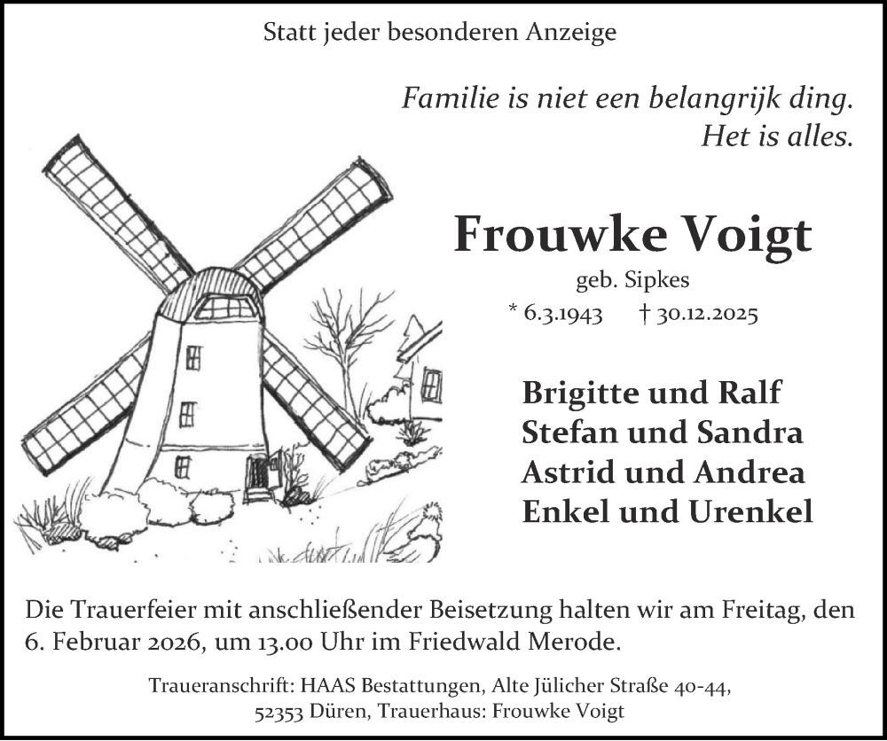  Traueranzeige für Frouwke Voigt vom 25.01.2026 aus Zeitung am Sonntag