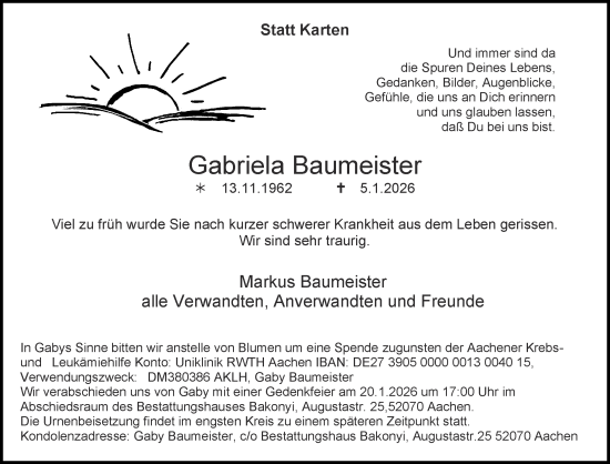 Traueranzeige von Gabriela Baumeister von Aachener Zeitung