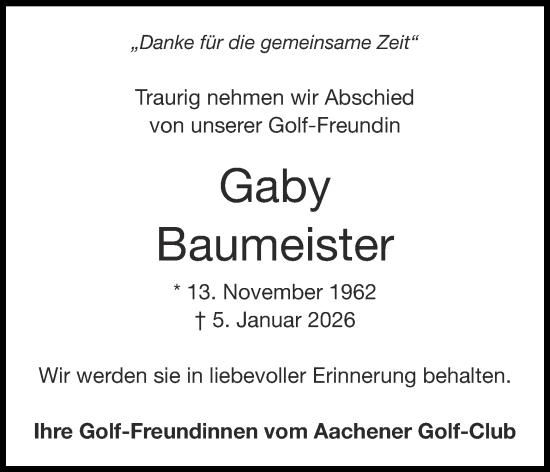Traueranzeige von Gaby Baumeister von Aachener Zeitung