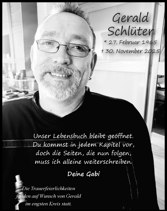 Traueranzeige von Gerald Schlüter von Zeitung am Sonntag