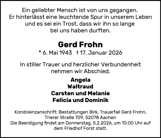 Traueranzeige von Gerd Frohn von Aachener Zeitung