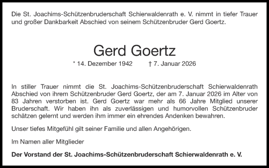 Traueranzeige von Gerd Goertz von Zeitung am Sonntag