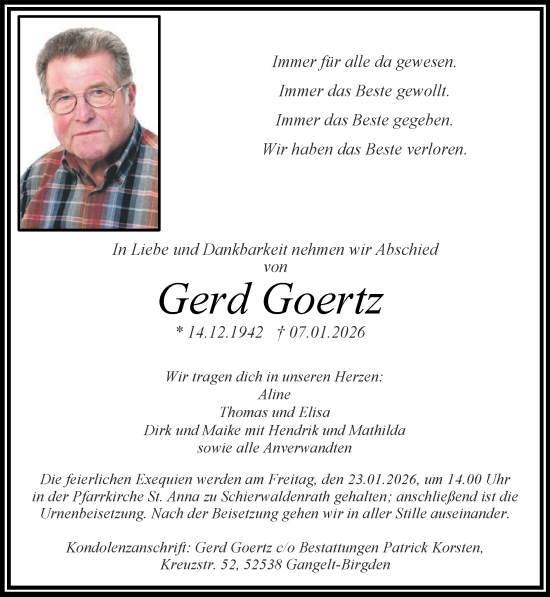 Traueranzeige von Gerd Goertz von Zeitung am Sonntag