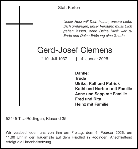 Traueranzeige von Gerd-Josef Clemens von Zeitung am Sonntag