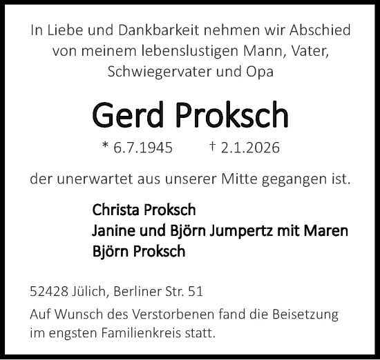 Traueranzeige von Gerd Proksch von Zeitung am Sonntag