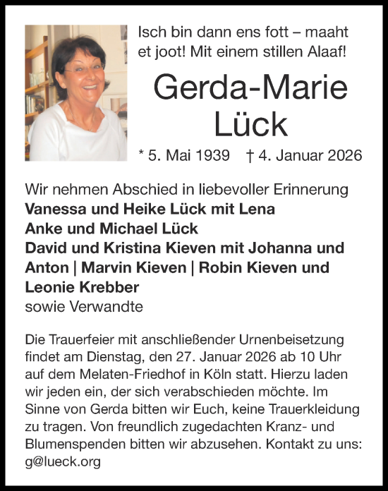 Traueranzeige von Gerda-Marie Lück von Zeitung am Sonntag
