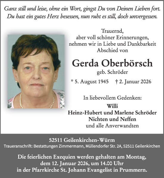 Traueranzeige von Gerda Oberbörsch von Zeitung am Sonntag