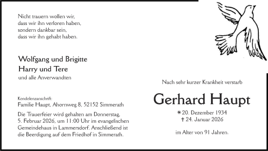 Traueranzeige von Gerhard Haupt von Aachener Zeitung