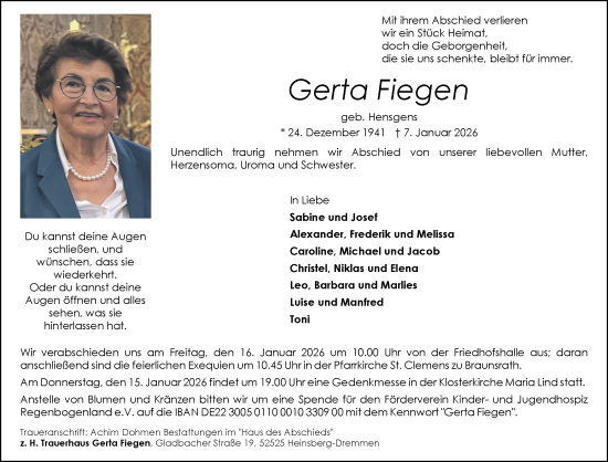 Traueranzeige von Gerta Fiegen von Aachener Zeitung