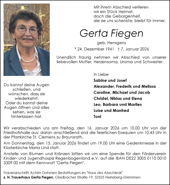 Traueranzeige von Gerta Fiegen von Zeitung am Sonntag