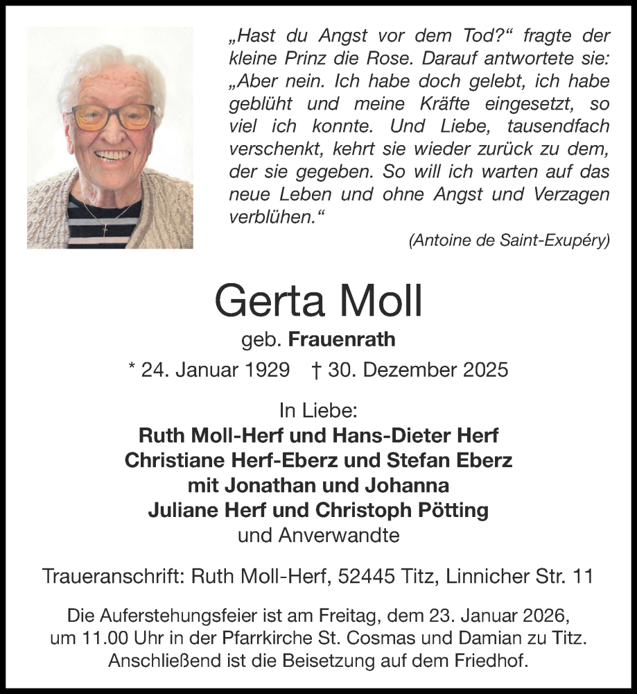  Traueranzeige für Gerta Moll vom 18.01.2026 aus Zeitung am Sonntag