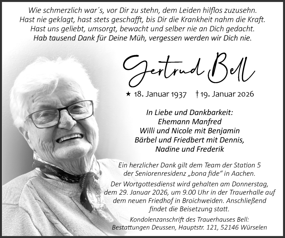  Traueranzeige für Gertrud Bell vom 25.01.2026 aus Zeitung am Sonntag