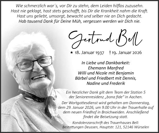 Traueranzeige von Gertrud Bell von Zeitung am Sonntag