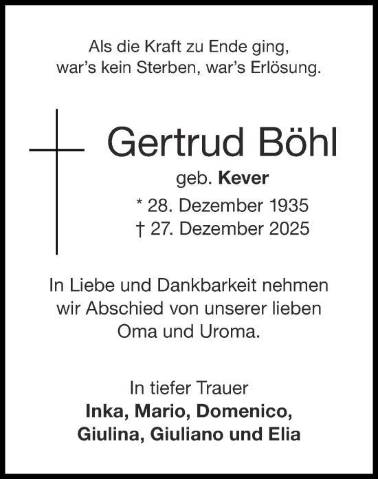 Traueranzeige von Gertrud Böhl von Zeitung am Sonntag