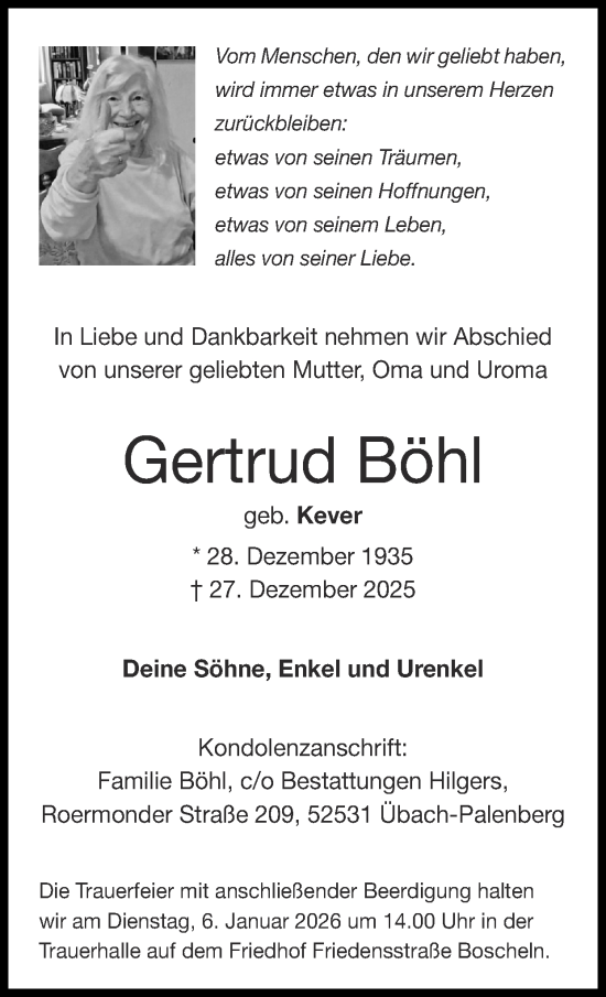 Traueranzeige von Gertrud Böhl von Zeitung am Sonntag