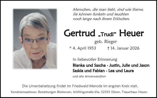 Traueranzeige von Gertrud Heuer von Zeitung am Sonntag