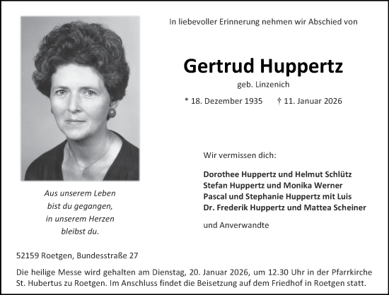 Traueranzeige von Gertrud Huppertz von Aachener Zeitung