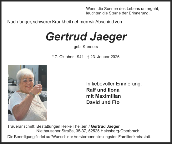 Traueranzeige von Gertrud Jaeger von Zeitung am Sonntag