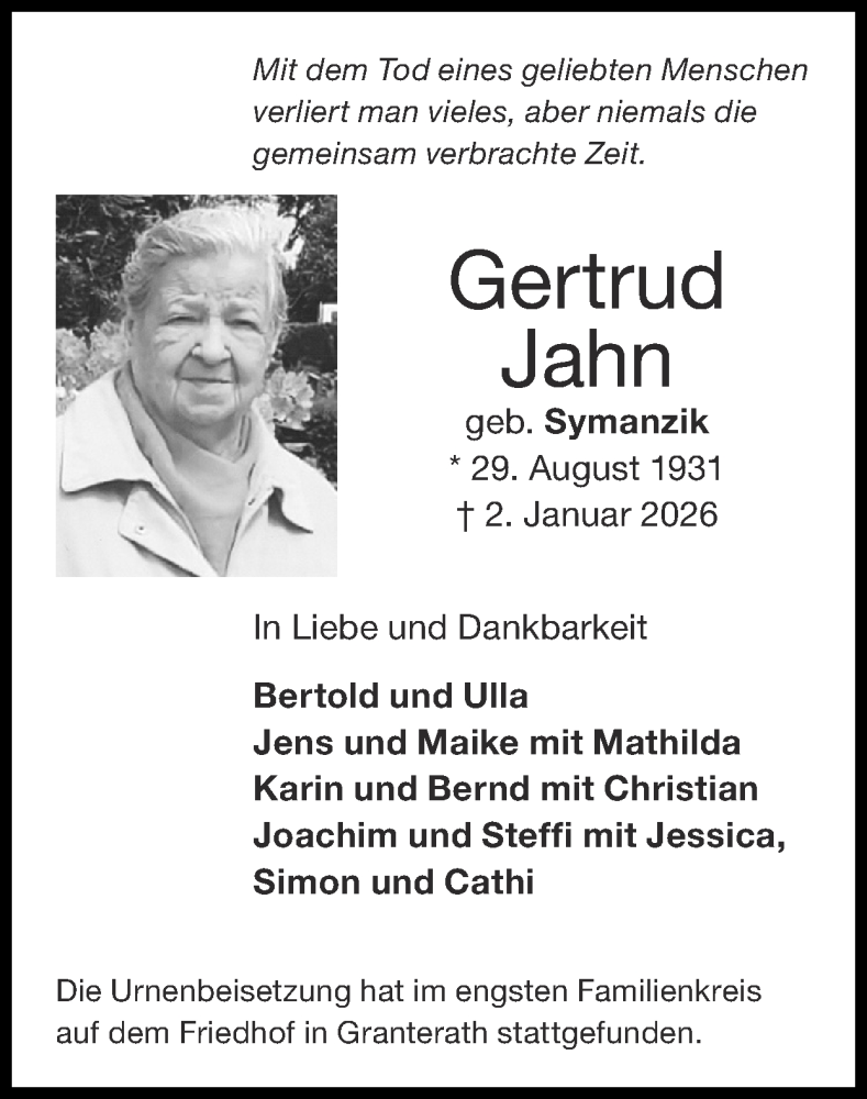  Traueranzeige für Gertrud Jahn vom 01.02.2026 aus Zeitung am Sonntag