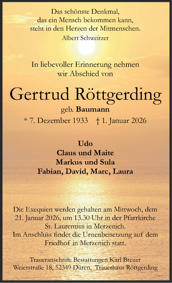 Traueranzeige von Gertrud Röttgerding von Zeitung am Sonntag