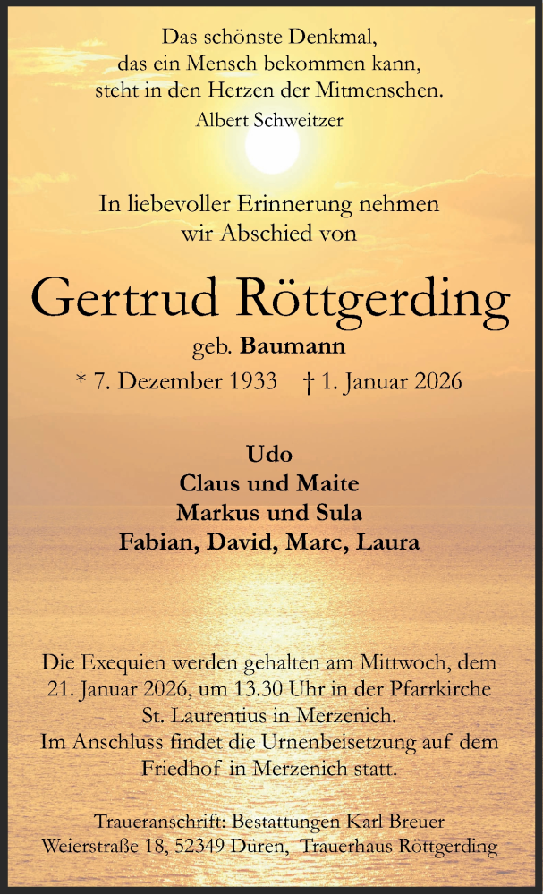  Traueranzeige für Gertrud Röttgerding vom 11.01.2026 aus Zeitung am Sonntag
