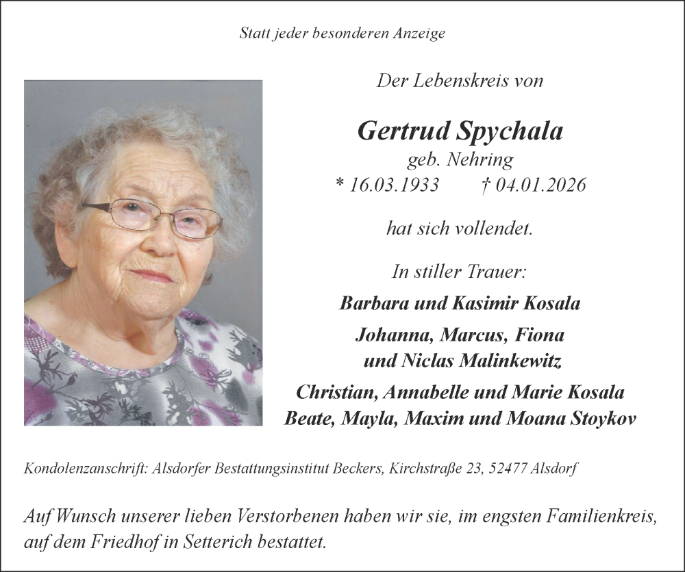  Traueranzeige für Gertrud Spychala vom 18.01.2026 aus Zeitung am Sonntag