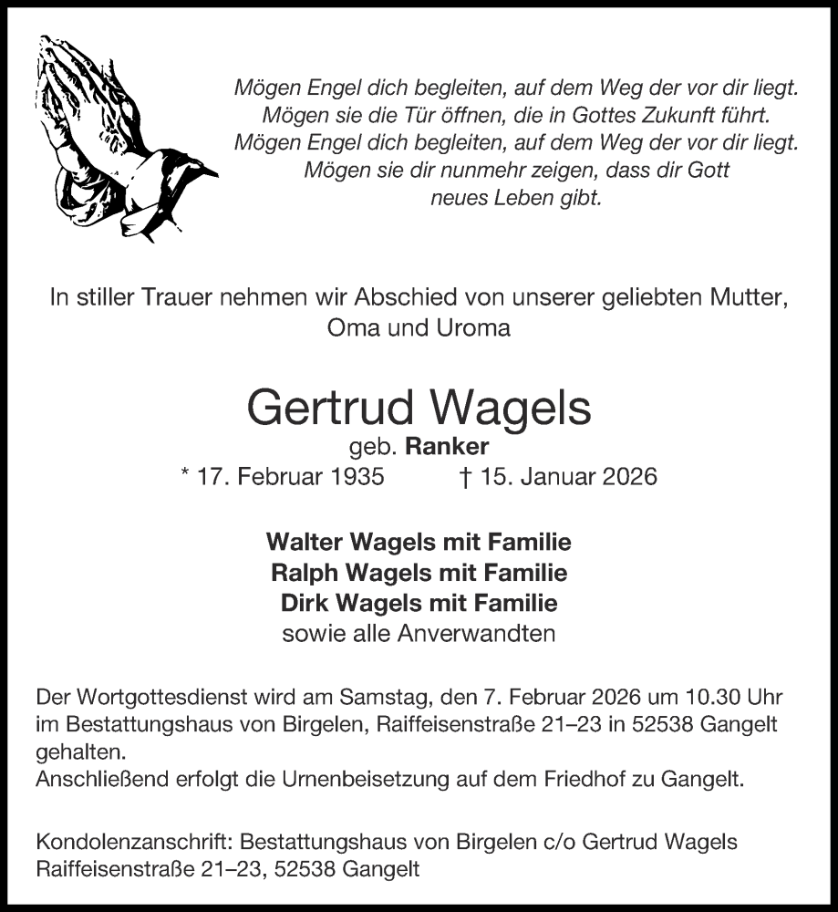  Traueranzeige für Gertrud Wagels vom 01.02.2026 aus Zeitung am Sonntag