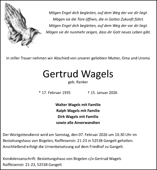 Traueranzeige von Gertrud Wagels von Zeitung am Sonntag