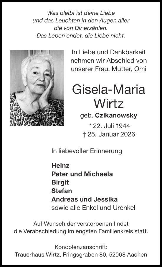 Traueranzeige von Gisela-Maria Wirtz von Zeitung am Sonntag