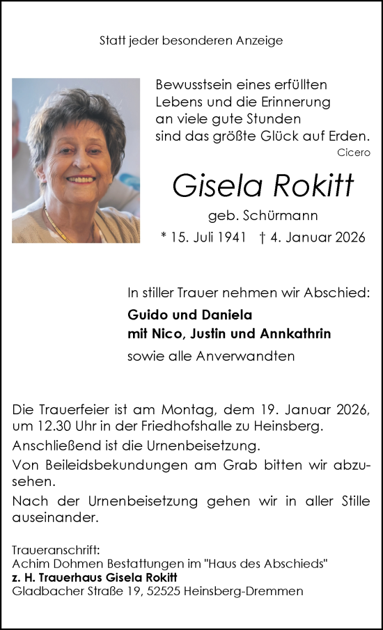 Traueranzeige von Gisela Rokitt von Zeitung am Sonntag