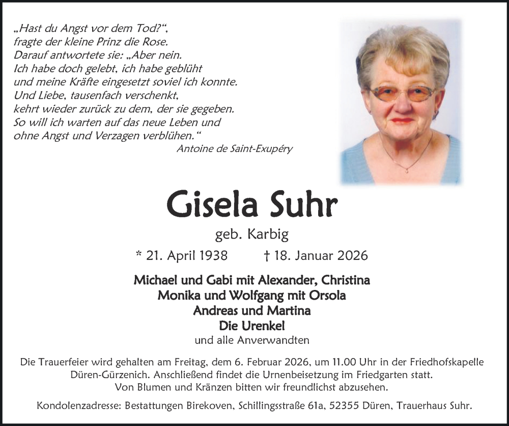  Traueranzeige für Gisela Suhr vom 01.02.2026 aus Zeitung am Sonntag