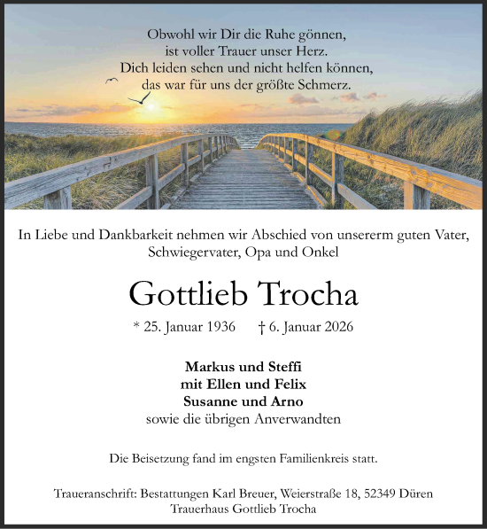 Traueranzeige von Gottlieb Trocha von Zeitung am Sonntag