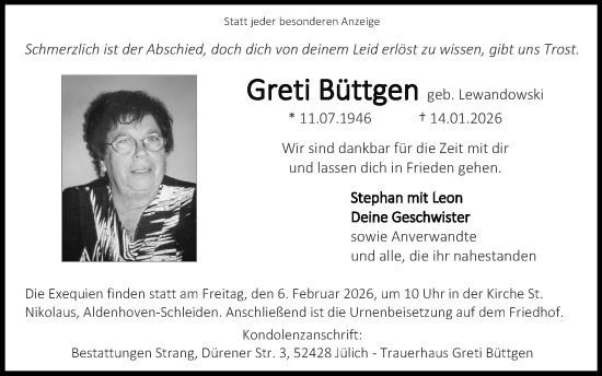 Traueranzeige von Greti Büttgen von Zeitung am Sonntag
