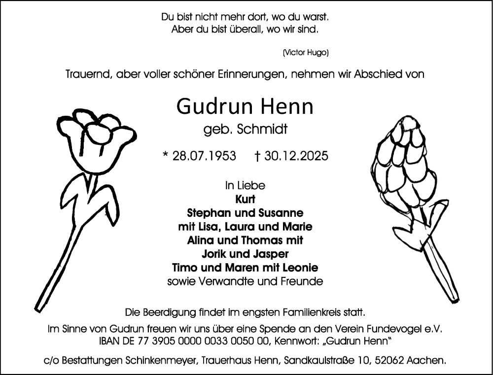  Traueranzeige für Gudrun Henn vom 17.01.2026 aus Aachener Zeitung