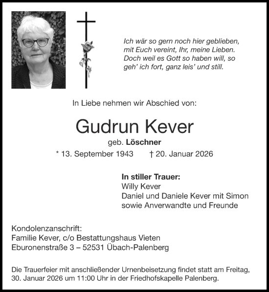 Traueranzeige von Gudrun Kever von Zeitung am Sonntag