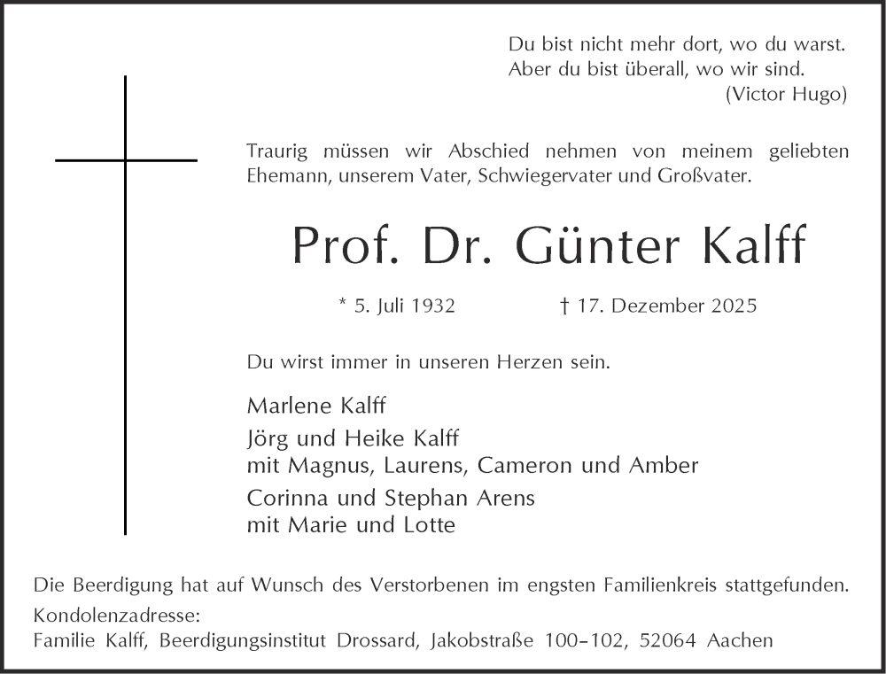  Traueranzeige für Günter Kalff vom 17.01.2026 aus Aachener Zeitung
