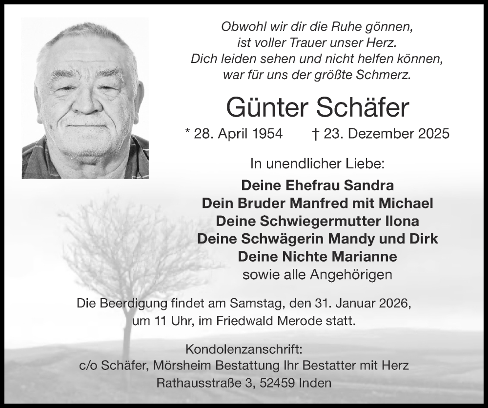  Traueranzeige für Günter Schäfer vom 25.01.2026 aus Zeitung am Sonntag