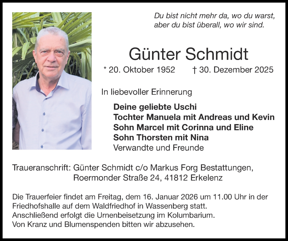  Traueranzeige für Günter Schmidt vom 11.01.2026 aus Zeitung am Sonntag