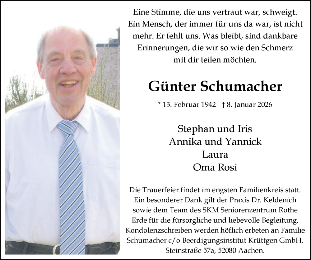  Traueranzeige für Günter Schumacher vom 18.01.2026 aus Zeitung am Sonntag